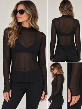 AFRM Black Sheer Long Sleeve Mock Neck Top